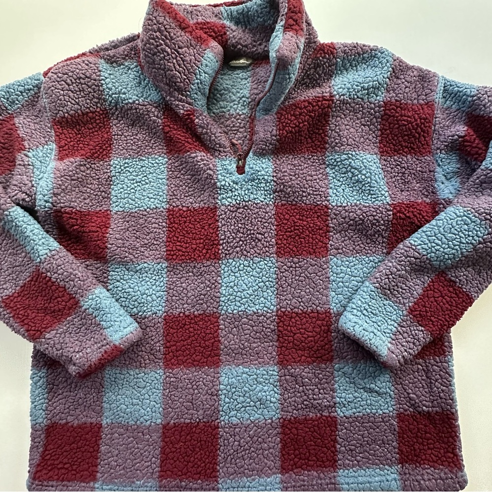 Eddie Bauer‎ pink blue checkered sherpa 1/4 zip long sleeve pullover women’s XL